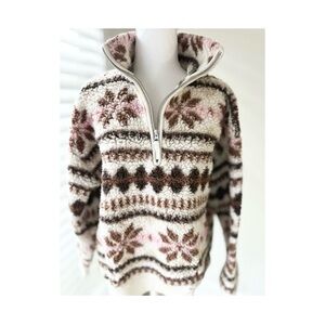 Aerie Patterned Half-Zip Sweater - Cream, Brown, and Pink